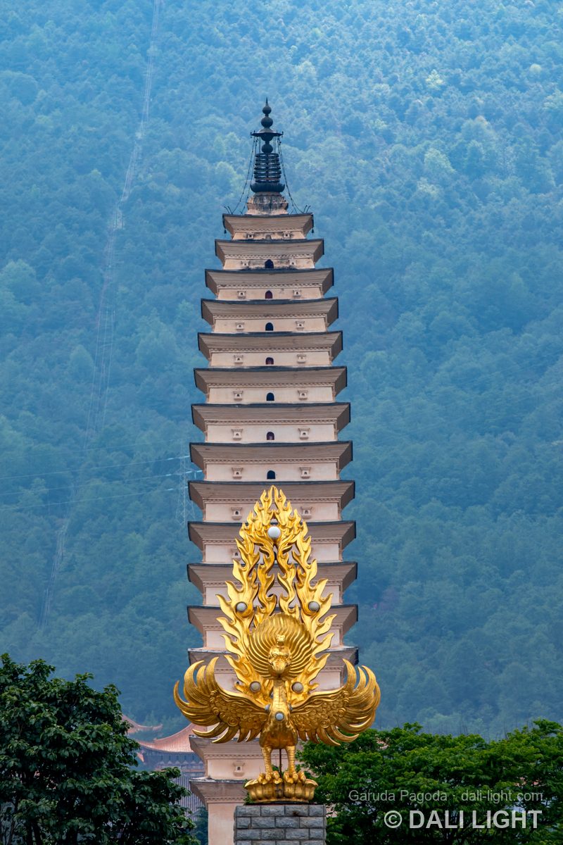 Golden Garuda statue in front of the Three Pagodas of Chongsheng Temple, Dali